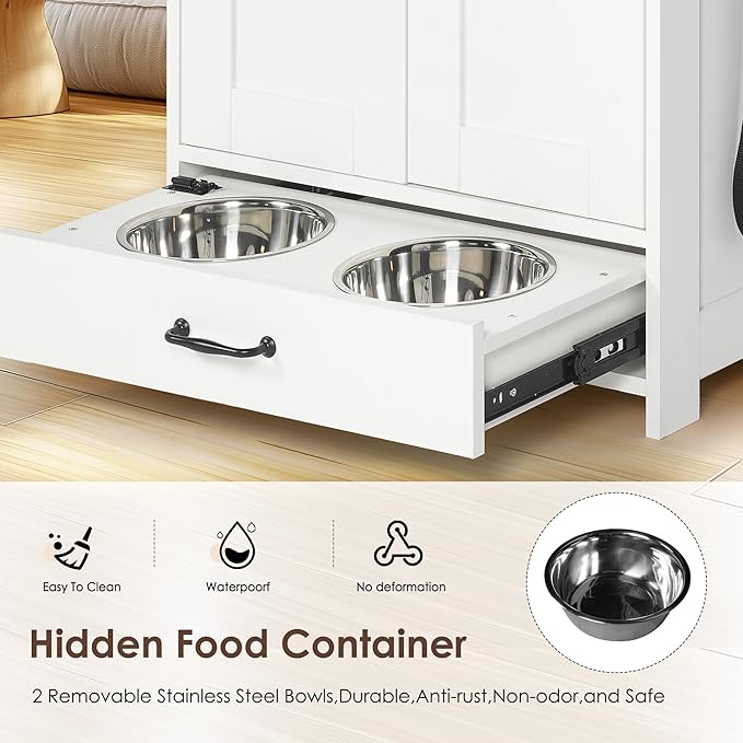 Pet Feeding Station with Bowls, Adjustable Panel, Dog Feeding Station with Storage, Pet Feeder Station for Dogs Cats for Feeding & Watering Supplies,Dog feeding station with 2-level shelving White