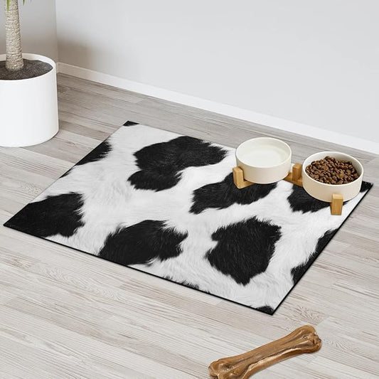 Cowhide Print Dog Food Mat for Floors Absorbent Dog Bowl Mat for Food and Water Dispenser Quick Dry Cat Food Placemat Pet Supplies 16" x 24", Black Milk Cow