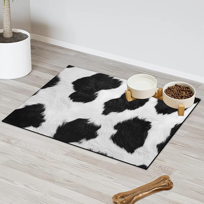 Cowhide Print Dog Food Mat for Floors Absorbent Dog Bowl Mat for Food and Water Dispenser Quick Dry Cat Food Placemat Pet Supplies 17" x 30", Black Milk Cow