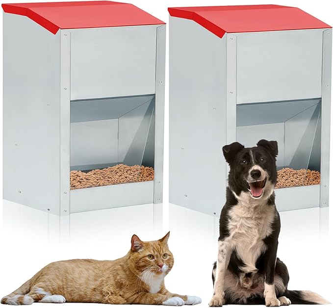 2 Pcs 12 Lbs Large Automatic Dog Feeders with Handle Acrylic Panel Galvanized Gravity Feeder Outdoor Hanging for Doggie Breed Dog Food Dispenser Container(Red, No Wheels)