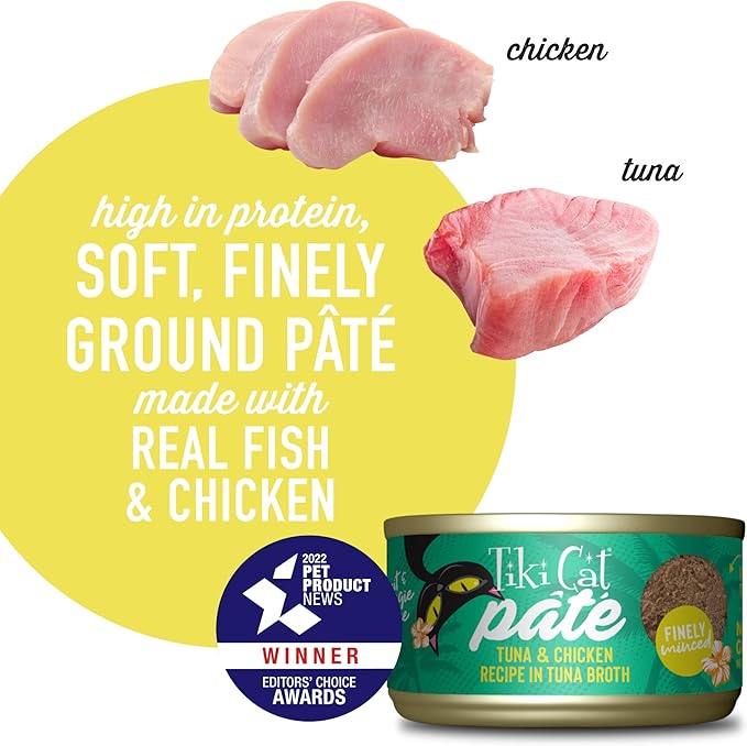 Tiki Cat Luau Pâté, Ahi Tuna & Chicken Recipe in Chicken Consumme, Grain-Free Balanced Nutrition Wet Canned Cat Food, for All Life Stages, 2.8 oz. Cans (Pack of 12)