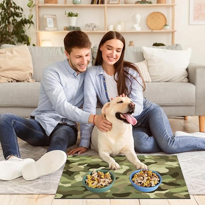 Camouflage Dog Food Mat for Floors Absorbent Dog Bowl Mat for Food and Water Dispenser Quick Dry Cat Food Placemat Pet Supplies 12" x 20", Duck Camouflage