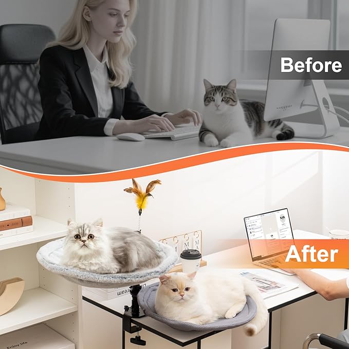 Uross Cat Desk Bed- Double Layers Adjustable Height& 360 Rotation Cat Desk Perch Mount for Office and Game Tables, Attachment Desktop Bed with 2 Washable Covers, Soft Rabbit Fur& Breathable Mesh -Grey