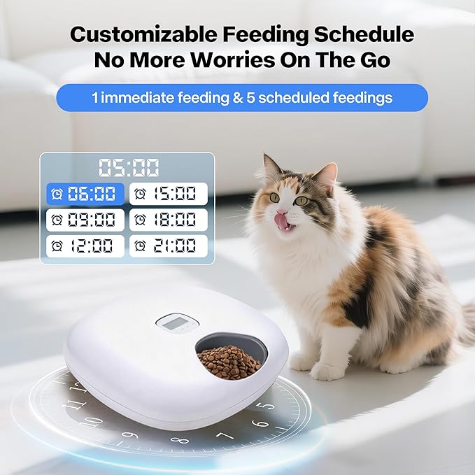 PetPrime 6-Meal Automatic Cat Feeder with Two Ice Packs,Cordless Rechargeable Cat Food Dispenser for Cats and Small Dogs Wet Food Auto Pet Feeder White