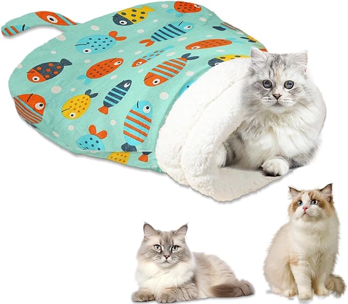 Cozy Cat Sleeping Bag, Cat Sleeping Bag for Indoor Cats, 360°Warm Cat Nap Sleeping Bag, Soft Plush Cat Sack Bed, Large Sleeping Bag for Cats up to 7.5Kg/16Lbs-Green