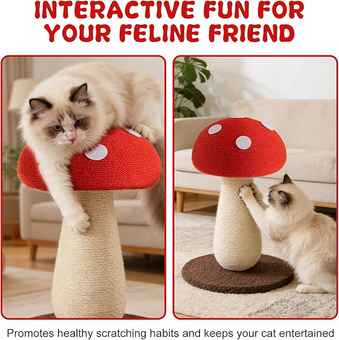 Mushroom Cat Scratching Post, 19.7 Inch Cat Scratcher with Stable Base, Natural Sisal Pole & Cozy Perch for Indoor Cats, Fun Fungus Cat Scratching Board for Kittens and Cats