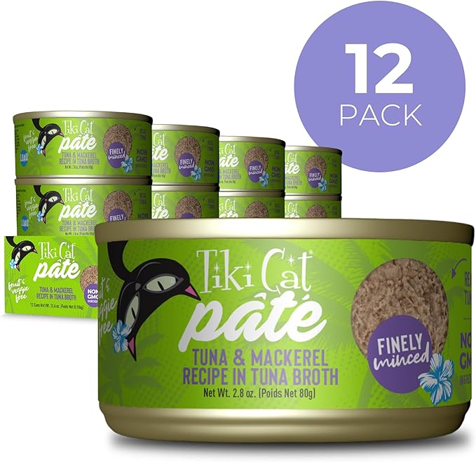 Tiki Cat Luau Pâté, Ahi Tuna & Mackerel Recipe in Tuna Consumme, Grain-Free Balanced Nutrition Wet Canned Cat Food, for All Life Stages, 2.8 oz. Cans (Pack of 12)