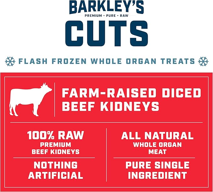 Barkley’s Cuts, Frozen Raw Sliced Beef Kidney Dog Treats, Single Ingredient, Flash Frozen, High Protein Training Treats and Food Toppers for Puppies and Dogs, Human Grade Ingredients, 16 Oz Bag