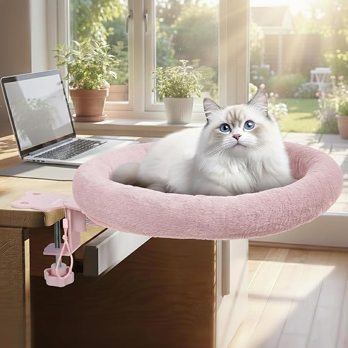 Rotating Cat Desk Bed for Remote Workers, Home Office Staff and Gamers ，Quality Soft Cat Bed, 360° Swivel, Removable Washable Cushion, Comfortable and Easy to Assemble, Supports up 40 lbs(Pink)
