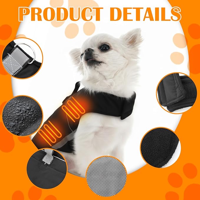 Dog Heated Warm Coat Jacket Pet Winter Black Vest Graphene Heat Lining Coat for Dogs Pet Outdoor Supplies(Not Included Batteries)(Small)