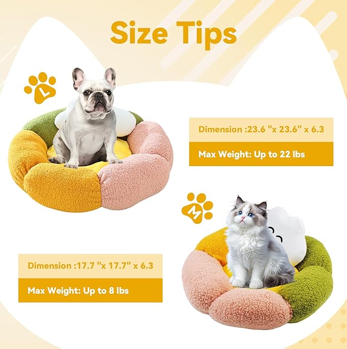 Cute Flower Cat Bed for Indoor Kittens,Calming Donut Bed with Cloud Pillow Washable Fluffy Cat Sleeping Nest Anti-Slip Bottom for Small Pet Kitten