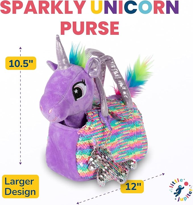 Little Jupiter Plush Pet Set - Unicorn Toys - Unicorns Gifts for Girls - Stuffed Animal for Kids - Unicorns - Plush Toy - w/Reversible Sequins & Charm (Purple Rainbow Unicorn) Age 4-5 - 6-7 yr