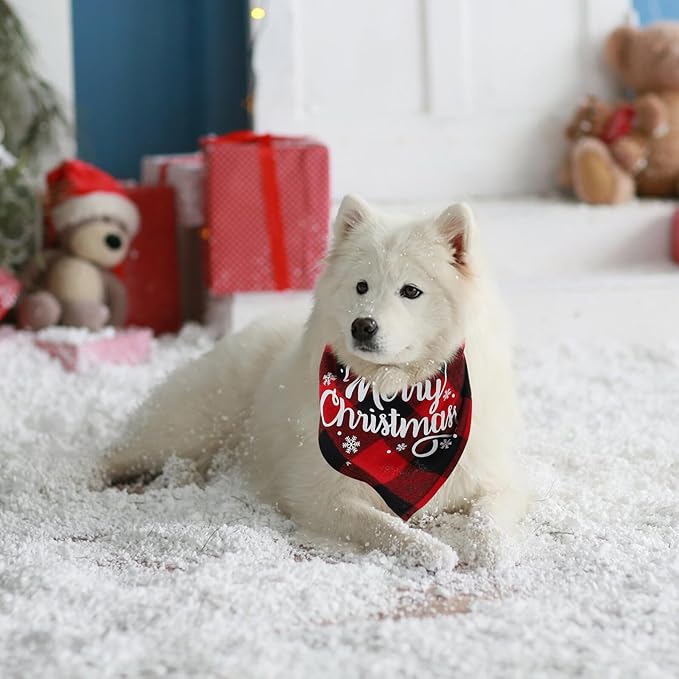 HOMSFOU Christmas Plaid Dog Bandanas 2pcs, Triangle Pet Scarves with Holiday Print, Festive Red and Green Cotton Blend, Christmas Supplies for Dogs and Puppies