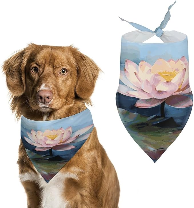 Dog Bandana Spring Pet Scarf Adjustable Triangle Lotus Flower Painting Printing Dog Bib Washable Polyester Puppy Bandana for Small Medium Large Dogs Cat Birthday Party Supplies