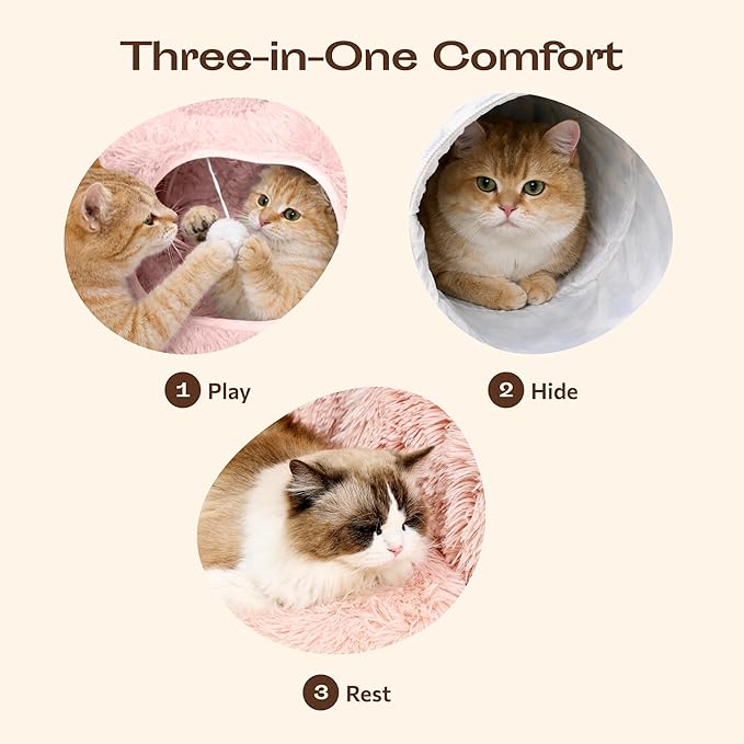 Meowfia Indoor Cat Tunnel with Donut Bed - Large Flexible Play Space for Multiple Pets - Circle or Snake Shape, Cozy Lounge (Pink)
