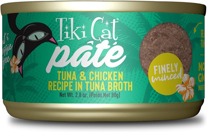 Tiki Cat Luau Pâté, Ahi Tuna & Chicken Recipe in Chicken Consumme, Grain-Free Balanced Nutrition Wet Canned Cat Food, for All Life Stages, 2.8 oz. Cans (Pack of 12)
