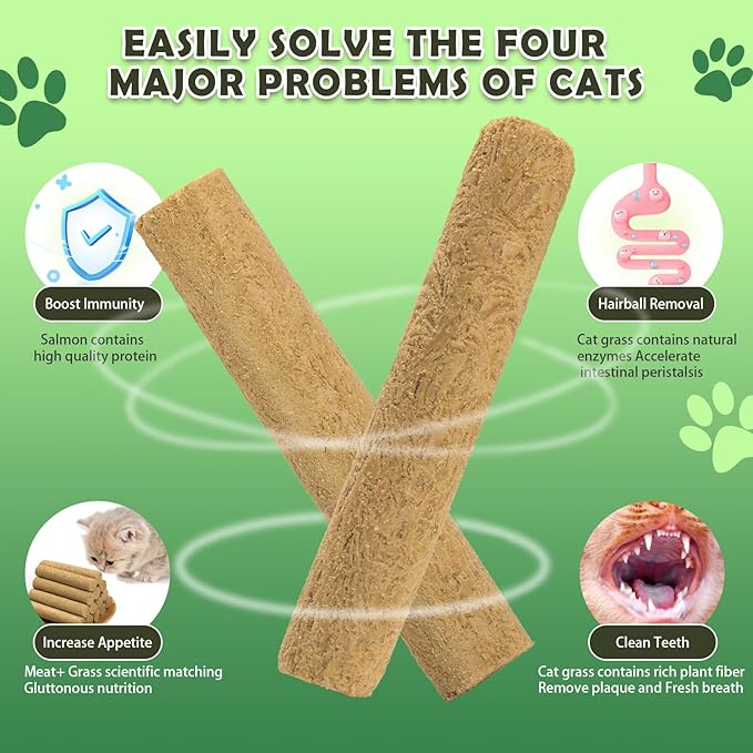 Cat Grass Teething Stick 80g - Freeze-Dried Chicken & Salmon Dental Cat Treats Hairball Control, High Protein Snacks for Kittens & Cats