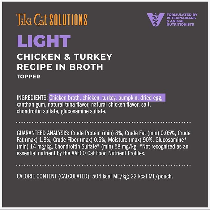 Tiki Cat Solutions Topper, Light, Chicken & Turkey Recipe in Broth, 1.5 oz. Pouch (12 Pack)