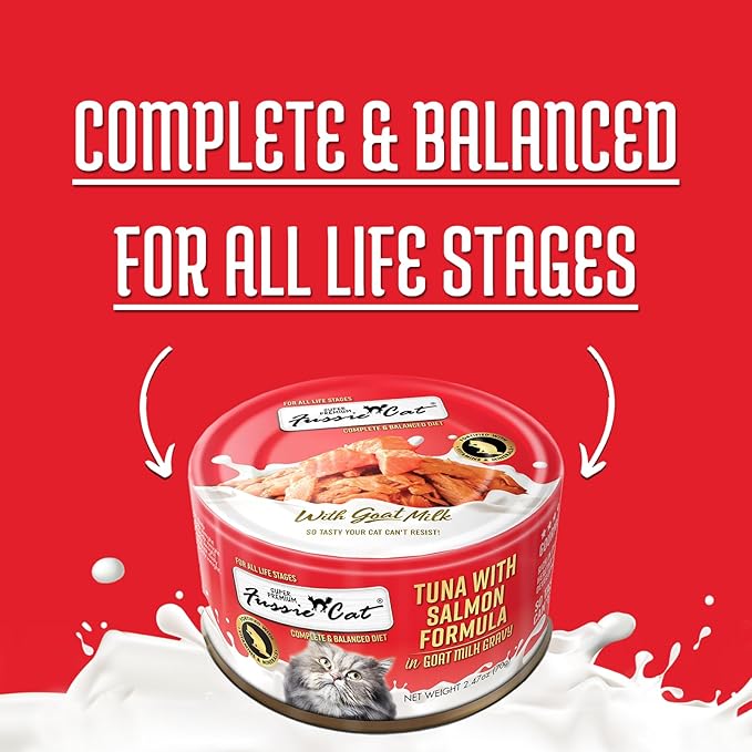 Fussie Cat Super Premium Canned Wet Cat Food in Goat Milk Gravy -2.47 oz Cans - Case of 24 Cans with Can Lid (Tuna & Salmon)