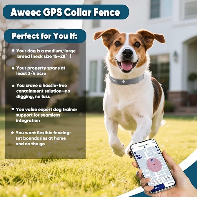 GPS Electric Dog Fence with Free App, Wireless Fence System with Training Collar, Adjustable of Dogs Portable for Outdoor Use, Rechargeable Waterproof Flexiable Collar, (Grey)