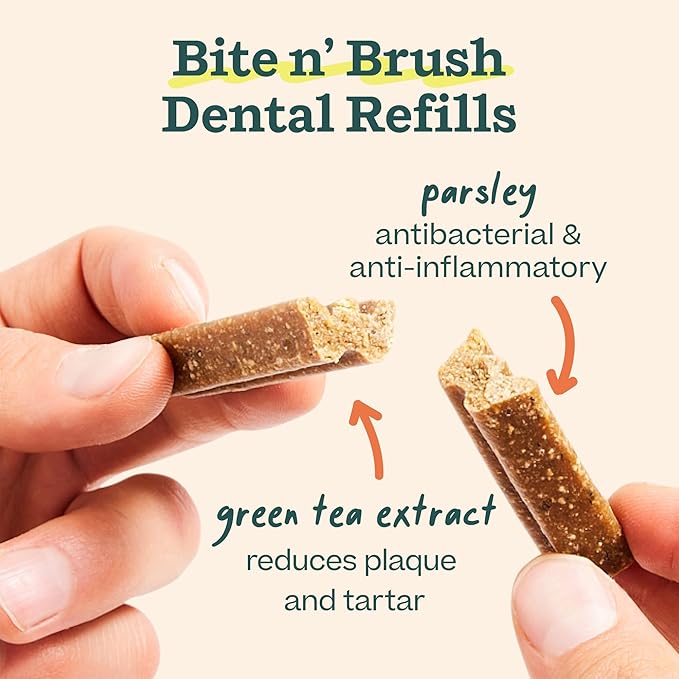 WOOF - Bite n' Brush Refills for The Dog Toothbrush Toy - Scrub Plaque and Tartar from Your Dog's Teeth and Mouth - Dog Dental Chew Toy Treats - Approximately 16 Refills - Beef - 2 Pack
