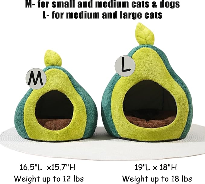 Cat Bed for Indoor Cats - Adorable Cozy Avocado Cat Cave with Removable Cushion, Super Soft Pet House Tent for Kittens & Small Pets, Warm and Washable Non-Slip Design