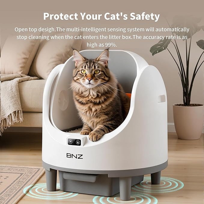 BNZ Self-Cleaning Cat Litter Box, Automatic Cat Litter Box for Multiple Cats, with Safety Sensors, Open Top, White