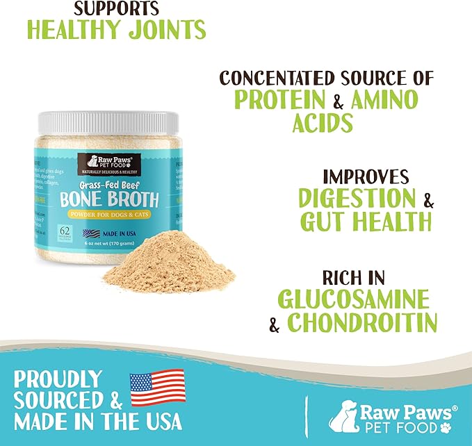 Raw Paws Bone Broth Powder Bundle - Beef Bone Broth for Dogs & Cats & Chicken Bone Broth for Dogs & Cats, 6-oz - Packed in USA - Protein Powder for Dogs and Cats - Gravy Topper for Dry Food - Supports
