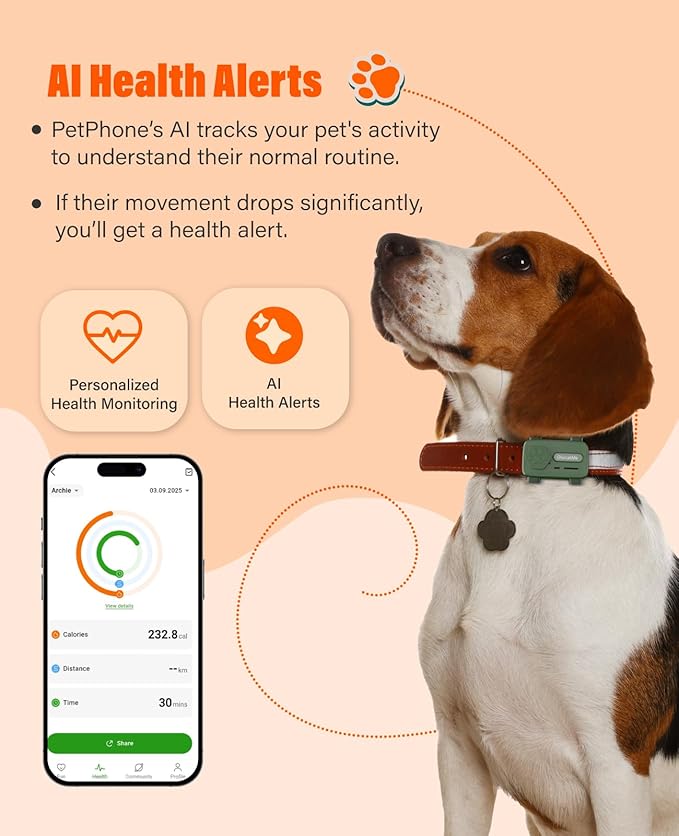 GlocalMe PetPhone Pet Tracker with 1 Year Service, Support Play Music and Two-Way Call, Pet Community and AI Health Alerts, Real Time Tracking and Virtual Fence, Global GPS Tracker for Dog and Cat