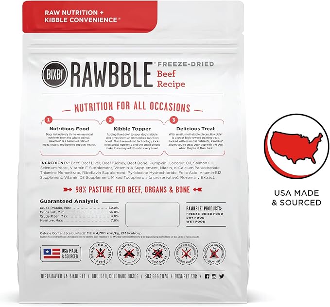 BIXBI Liberty Freeze-Dried Dog Food Topper & Treats, Beef – 98% Meat & Organs, No Refrigeration – USA Made, 12 oz