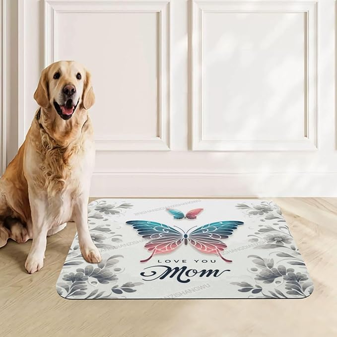 Dog Food Mats for Floors Absorbent Pet Cat Food Mat Happy Mother's Day Floral Gift Mom Butterfly Non Slip Dogs Bowl Mats for Water Dog Placemats Feeding Mat Pet Supplies 18X12In
