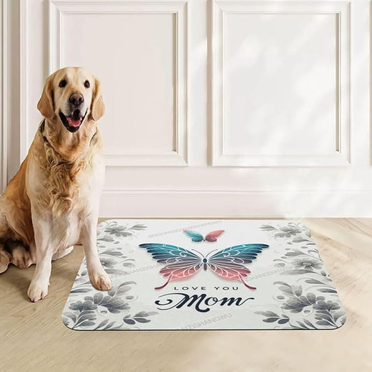 Dog Food Mats for Floors Absorbent Pet Cat Food Mat Happy Mother's Day Floral Gift Mom Butterfly Non Slip Dogs Bowl Mats for Water Dog Placemats Feeding Mat Pet Supplies 24x16In