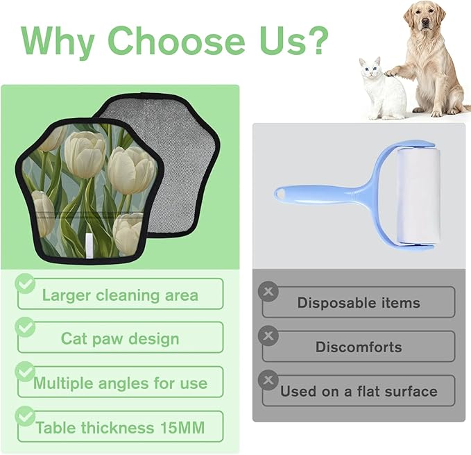 Floral Tulip Print Electrostatic Pet Hair Removal Glove for Cats & Dogs - Reusable Grooming Mitt for Couch, Carpet, Car Seat & Laundry - Large 9x9 Inch