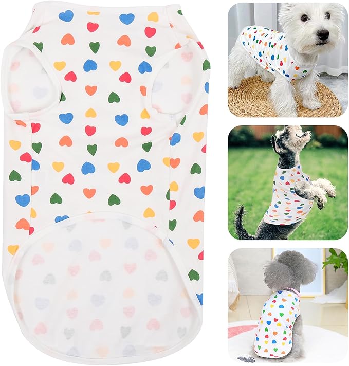 Generic Summer Pet Clothes Breathable Colorful Heart Pattern Vest Shirt for Small to Medium Cats and Dogs, White L Size, Lightweight Summer Pet Supply Accessory