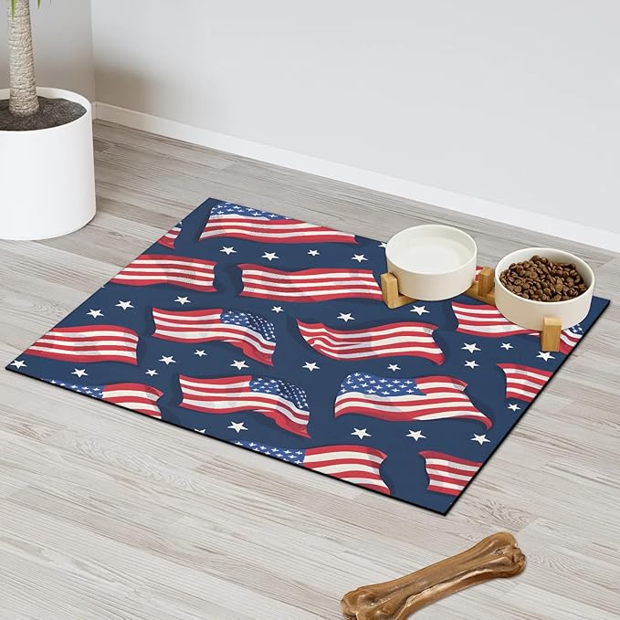American Flag Dog Food Mat for Floors Absorbent Dog Bowl Mat for Food and Water Dispenser Quick Dry Cat Food Placemat Pet Supplies 17" x 30", Stars Stripes