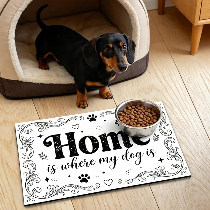 GLOBLELAND Home Prints Pet Food Mat for Floors 11.8×20 inch Home is Where My Dog is Dogs Food Mats Absorbent Dog Bowl Mat Quick Dry Dog Cat Pet Placemats Pets Supplies for Water Dispenser
