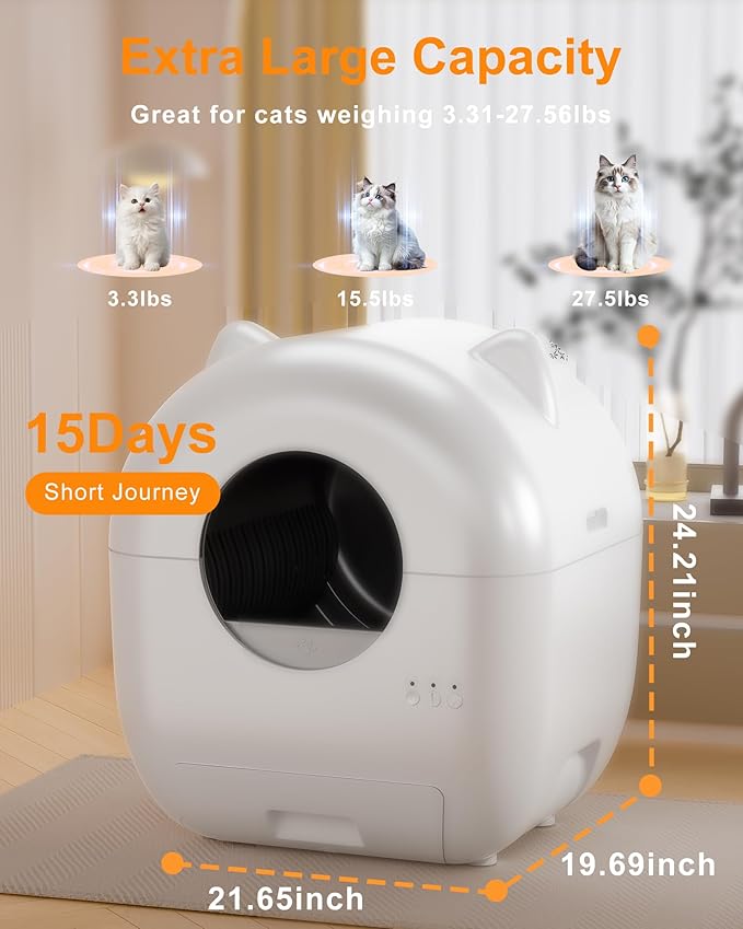 Automatic Cat Litter Box, Self Cleaning Cat Litter Box for Multiple Cats with Large Capacity, App-Controlled Safety Sensor, Odor-Free Waste Disposal,1 Roll of Trash Bags, White (White-2.0)