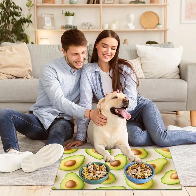 Avocado Dog Food Mat for Floors Absorbent Dog Bowl Mat for Food and Water Dispenser Quick Dry Cat Food Placemat Pet Supplies 17" x 30", Green Fruits