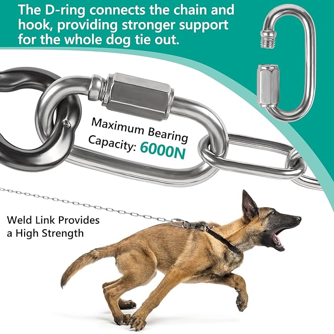 Tresbro Heavy Duty Dog Chains for Outside, 25FT Stainless Steel Tie Out Cable with Swivel Hook for Large Medium Dogs, Metal Chew Proof Pet Runner Chain Leash for Outdoor Camping Hiking Yard Lead, 4MM
