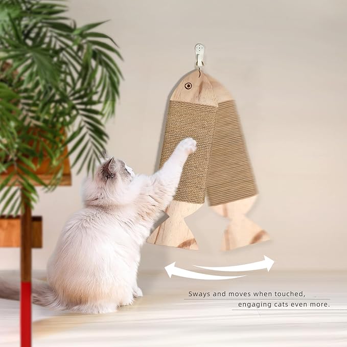 Wall-Mounted Cat Scratcher, Natural Jute Rope, Wooden Fish Shape, 16.54x4.72 Inch, Interactive Swaying Design, Indoor Cat Scratching Post