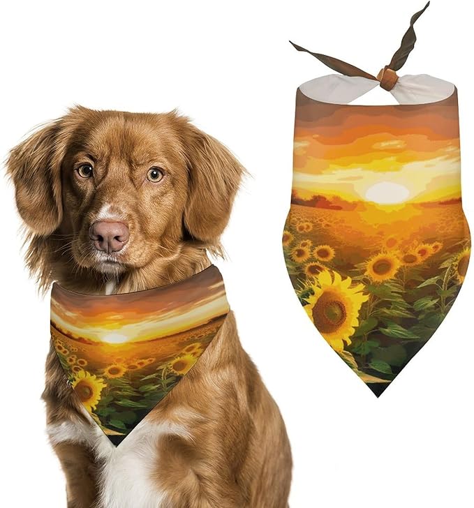 Dog Bandana Spring Pet Scarf Adjustable Triangle Sunflower Field Sunset Printing Dog Bib Washable Polyester Puppy Bandana for Small Medium Large Dogs Cat Birthday Party Supplies