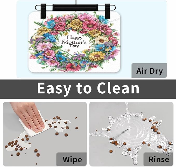 Pet Feeding Mats with Residue Collection Happy Mother's Day Floral Gift for Mom Ca Waterproof Dog Cat Bowl Mat 24x16In with Prevent Water Food Spills
