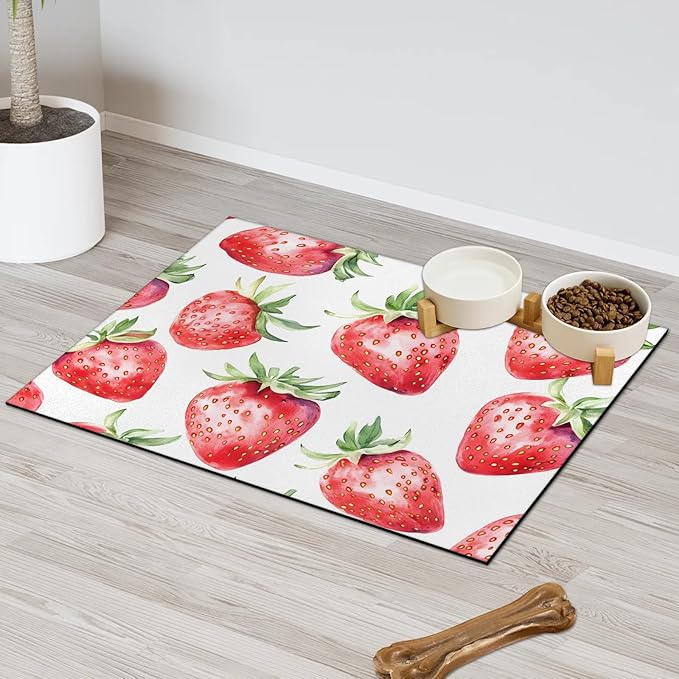 Strawberry Dog Food Mat for Floors Absorbent Dog Bowl Mat for Food and Water Dispenser Quick Dry Cat Food Placemat Pet Supplies 16" x 24", Cute Fruit