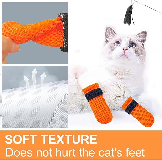 Cat Boots Paw Covers Anti-Scratch Foot Protectors - Adjustable Mesh Claw Protectors, Non-Slip Breathable for Bathing and Nail Cutting (4 Pieces, S, Orange)