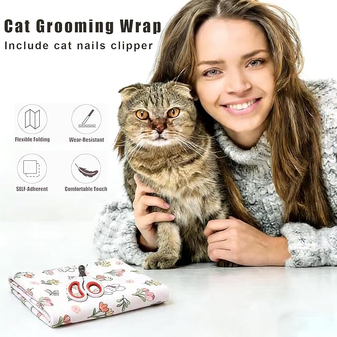 27.6‘’ Cat Grooming Wrap Cat Wrap for Cutting Nails Cat Restraint for Nail Clipping Cat Swaddle Wrap Cat Burrito Wrap Anti-Scratch Anti-Escape Multifunctional Pet Tool - Nail Clipper Included
