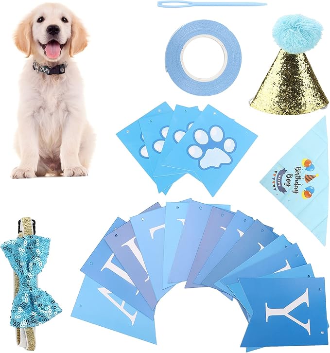 Dog Birthday Party Supplies Set with Hat Scarf Bow Tie, Reusable Pet Birthday Decorations for Small to Medium Dogs, Includes Streamers Ribbon and Pin for Photo Shoots
