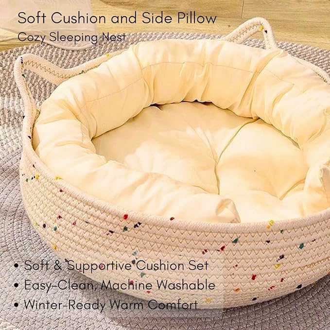 Cat Bed for Indoor Cats – Round Washable Basket with Soft Cushion & Scratchable Sides, Cozy Woven Kitten Bed, 17.7” x 5.9”