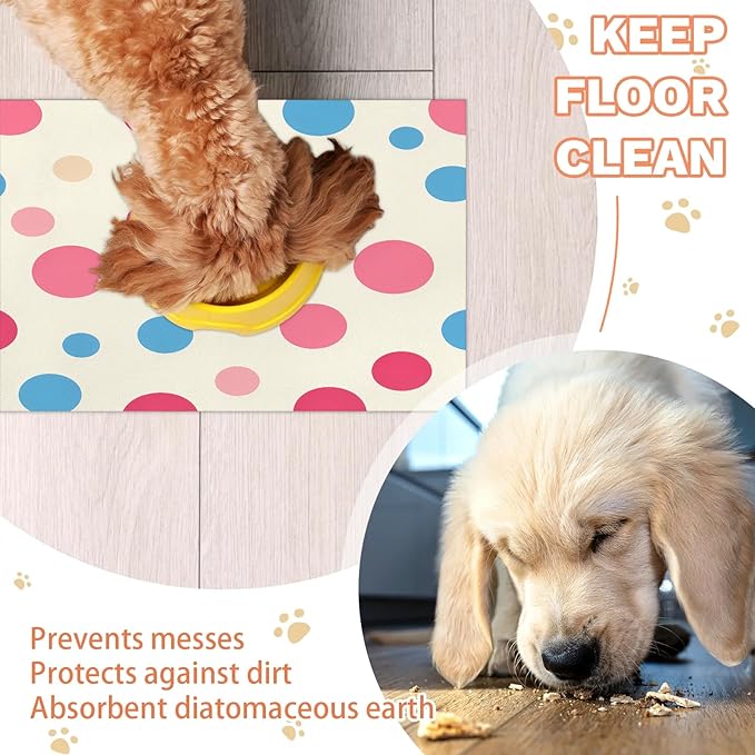 Polka Dot Dog Food Mat for Floors Absorbent Dog Bowl Mat for Food and Water Dispenser Quick Dry Cat Food Placemat Pet Supplies 16" x 24", Pink Blue