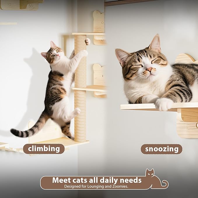 LEMBERI Cat Wall Shelves, Wooden Feline Furniture, 9 Pcs Set Wall Mounted Cat Shelves with Bed, House, Steps, Bridge Ladder and Scratching Post for Indoor Climbing, Sleeping, Playing
