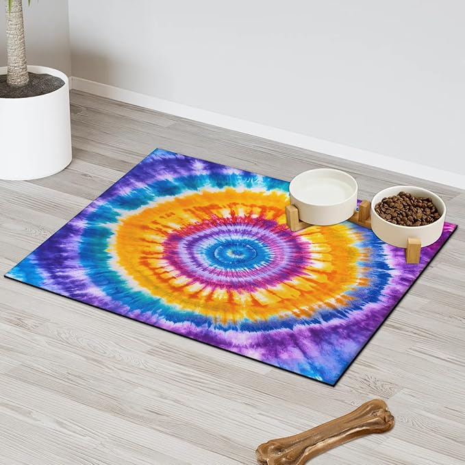 Tie Dye Dog Food Mat for Floors Absorbent, Quick Dry Water Dispenser Mat for Food, Water, Pet Supplies 16" x 24", Watercolor Abstract
